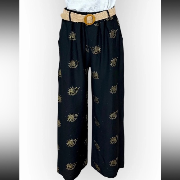 MADE IN ITALY Black Wide-Leg Pants with Gold Embroidery - Picture 1 of 1